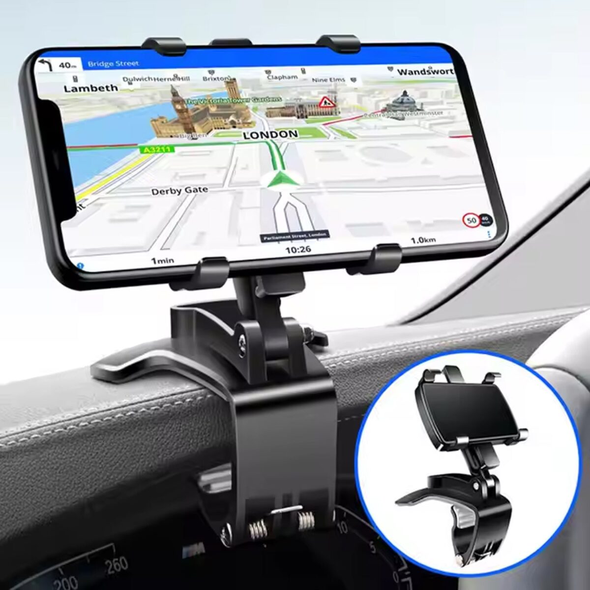Car Phone Holder Clip Mount 360 Degree Rotation Dashboard Rear View Mirror Sun Visor Smartphone HUD Navigation Fold Stand Plastic Black Compatible For All Smart Phones - Image 1