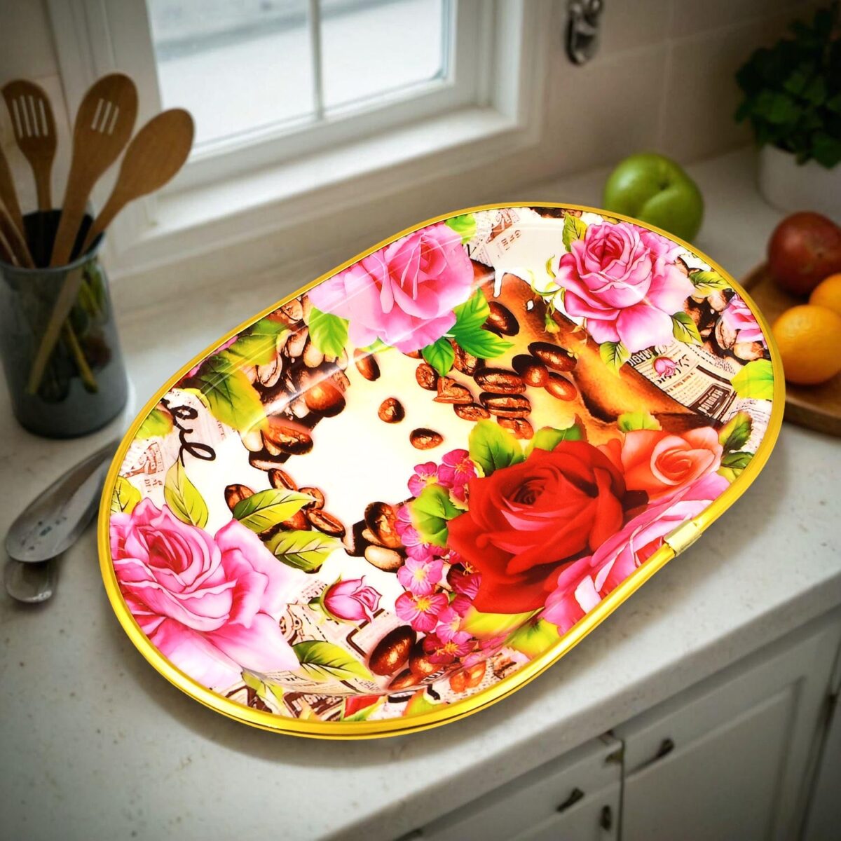 Plastic Flower Printed Design Serving Tray (3 Pcs Set / Mix Color) - Image 5