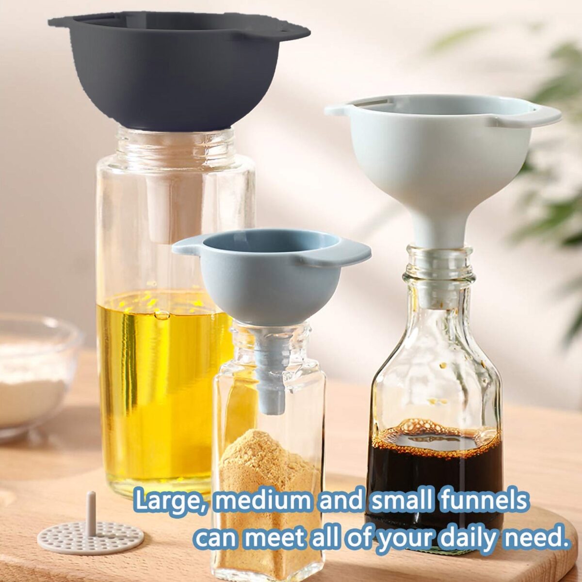 3 in 1 Kitchen Funnel Set of 3, Funnel for Filling Bottle, Small Canning Funnel with Handle, Food Grade Plastic Funnel with Detachable Strainer Filter for Liquid, Dry Ingredients, and Powder - Image 3