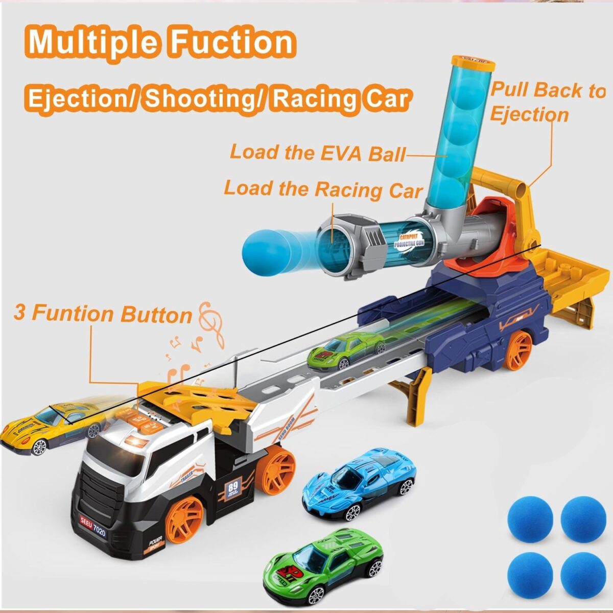 Large Truck Toys Include 2 Racing Cars+4 Ball, with Light & Sounds (Battery Not Included) - Image 3