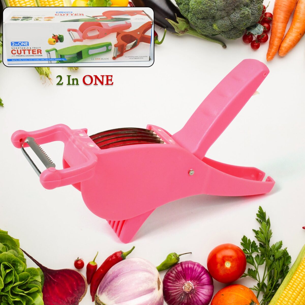 Plastic 2 in 1 Vegetable & Fruit Multi Cutter 5 Blade Vegetable Cutter with Peeler (1 Pc / Multicolor) - Image 1