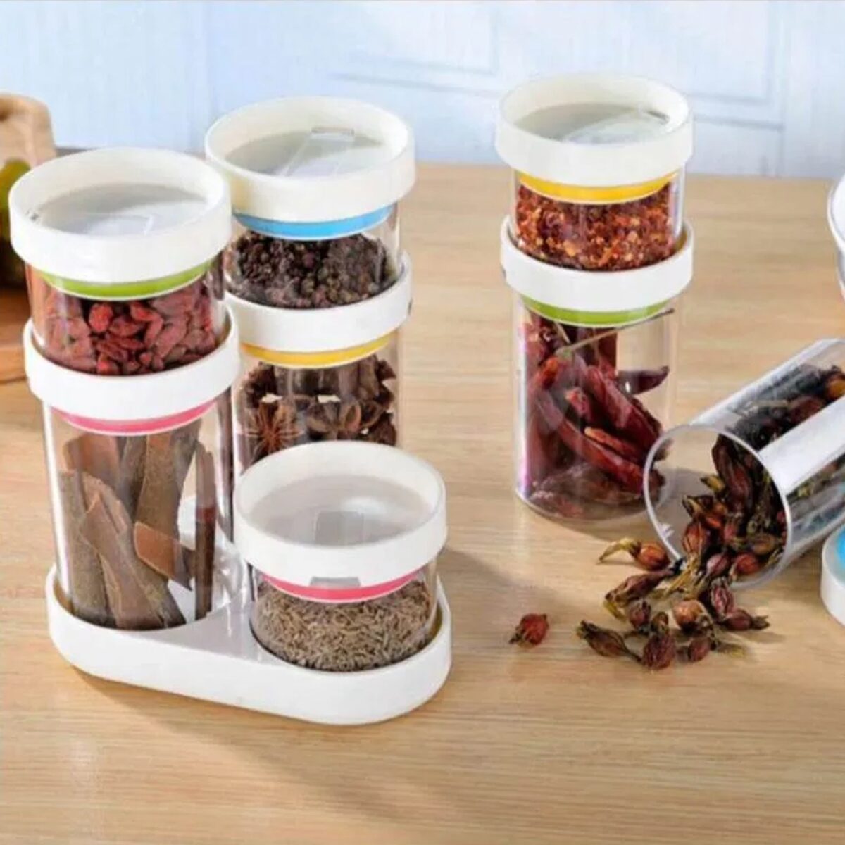 Multipurpose Plastic Transparent Storage Containers Masala Box Dabba Spice, Plastic Masala Spices Container Set Capacity With Airtight Lid Kitchen Pantry Organizer For Salt Mukhwas Box With Tray (8 Pc Set) - Image 1