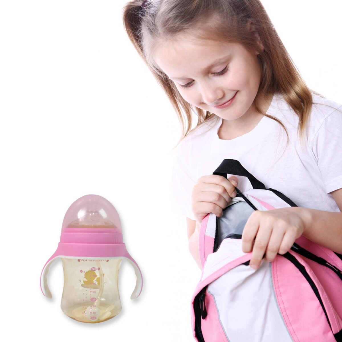 Plastic Baby Feeding Bottle with Handles, Cleaning brush & Straw (240 ML / 1 Pc) - Image 5