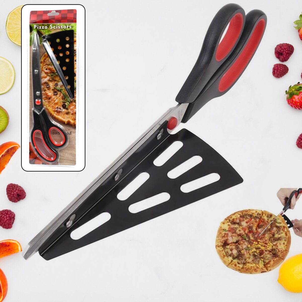 Stainless Steel Pizza Cutter Scissors Plastic Handle with Removable Spatula - Image 1