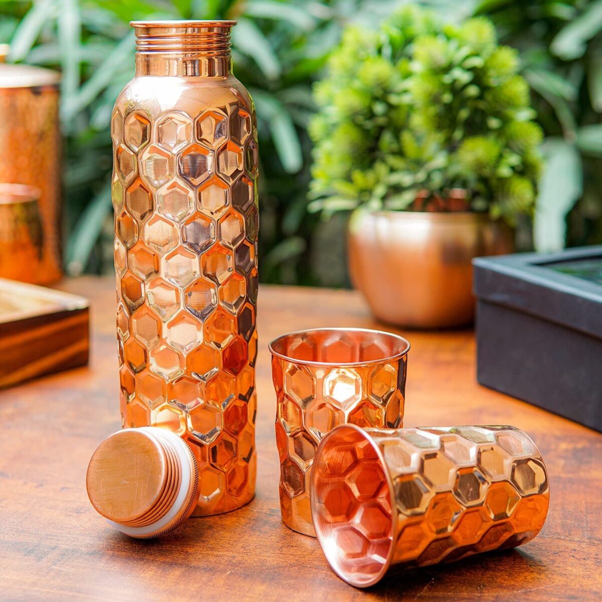 Diamond Cut Copper Water Bottle 2 Glasses with Gift Box (3 Pcs Set) - Image 5