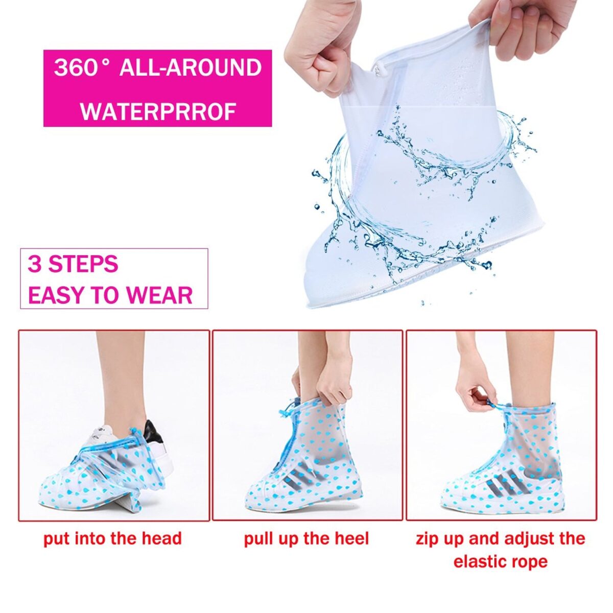 4541 Plastic Shoes Cover Reusable Anti-Slip Boots Zippered Overshoes Covers Pink, Transparent Waterproof Snow Rain Boots for Kids/Adult Shoes, for Rainy Season (XL Size1 Pairs) - Image 3