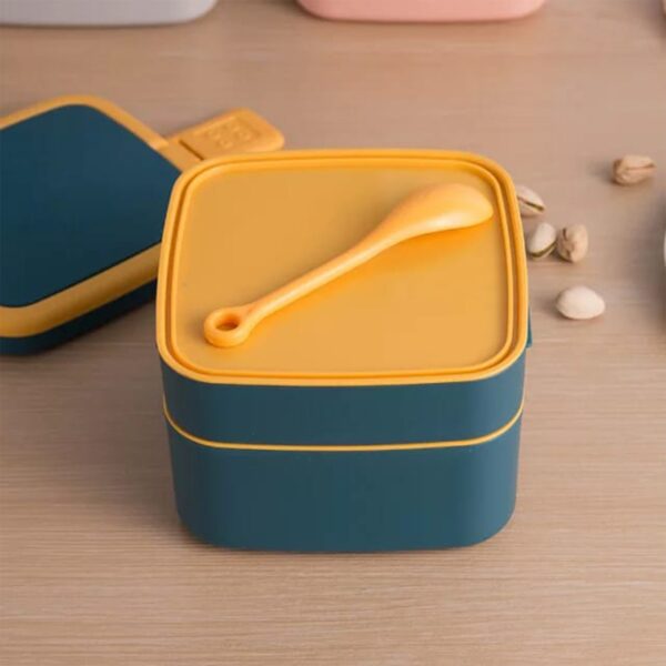 Blue Double-Layer Portable Bento Lunch Box â€“ Stackable with Handle & Spoon