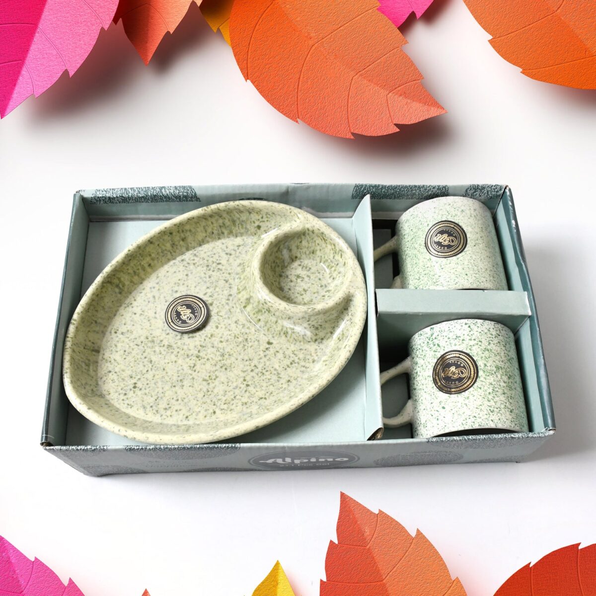 Ceramic Tea/Coffee Cup Set - Alpino 3-Piece with 2-Compartment Serving Platter (BPA-Free) - Image 3