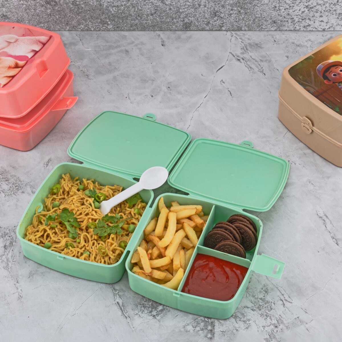 Double-Layer Square Lunch Box with  Spoon , 4 Compartment Tiffin & Push Lock , Plastic Tiffin Box for Travelling, School Kids & Office Exclusive, Home - Image 3
