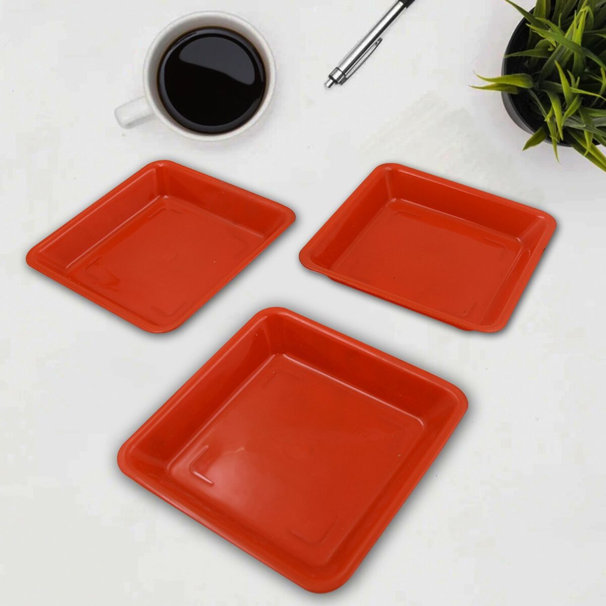 Square Plastic Halwa Dinner Plate Snacks / Breakfast, Restaurant Serving Trays Home School Coffee Hotel Kitchen Office (3 Pcs Set) - Image 1