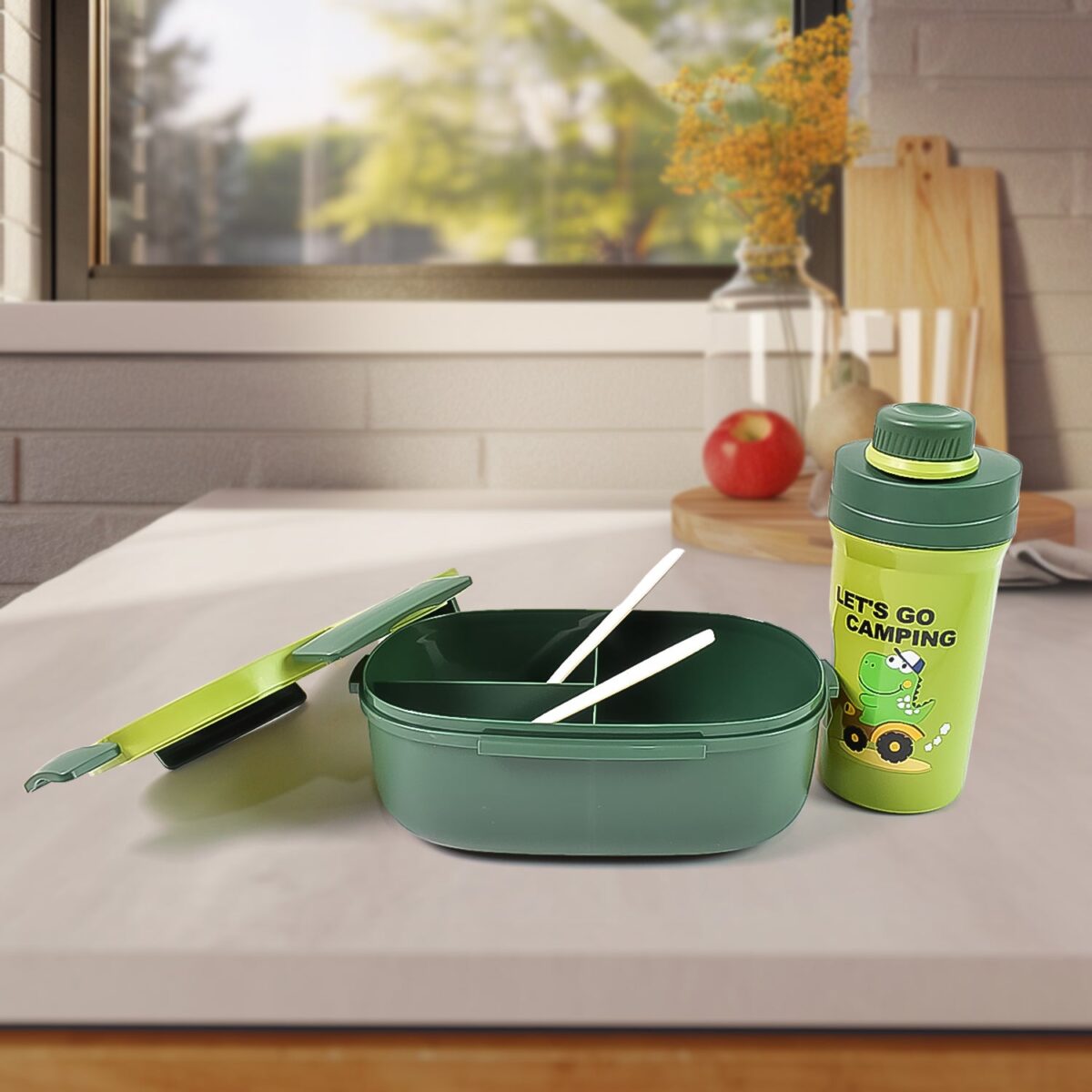 Plastic Lunch Box Leak Proof 3 Compartment with Bottle, Spoon and Fork (1 Set) - Image 3