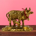 Metal Golden Kamdhenu Cow with Calf (1 Pc) - Image 3