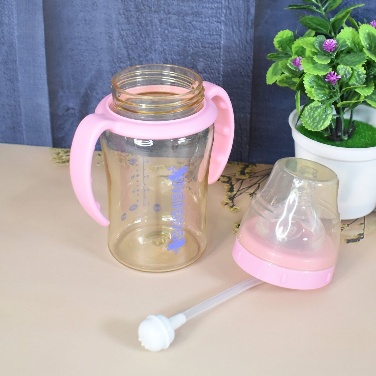 Plastic Baby Feeding Bottle with Handles & Straw (220 ML / 1 Pc) - Image 4