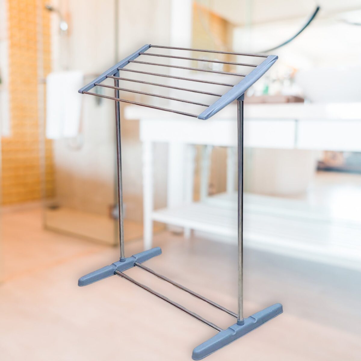 Multi-Functional Single Tier Mobile Towel Foldable Rack for Cloth and Towel / Stainless Steel and Plastic Made Mobile Towel and Cloth Rack Holder Indoor / Outdoor Standing Movable Cloth Dryer Rack, Balcony Cloth Drying Stand - Image 2