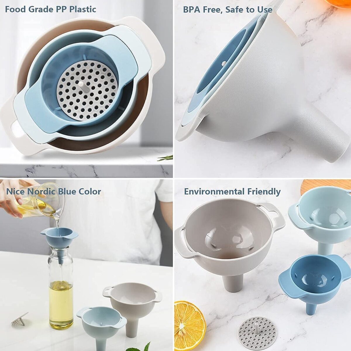 3 in 1 Kitchen Funnel Set of 3, Funnel for Filling Bottle, Small Canning Funnel with Handle, Food Grade Plastic Funnel with Detachable Strainer Filter for Liquid, Dry Ingredients, and Powder - Image 4
