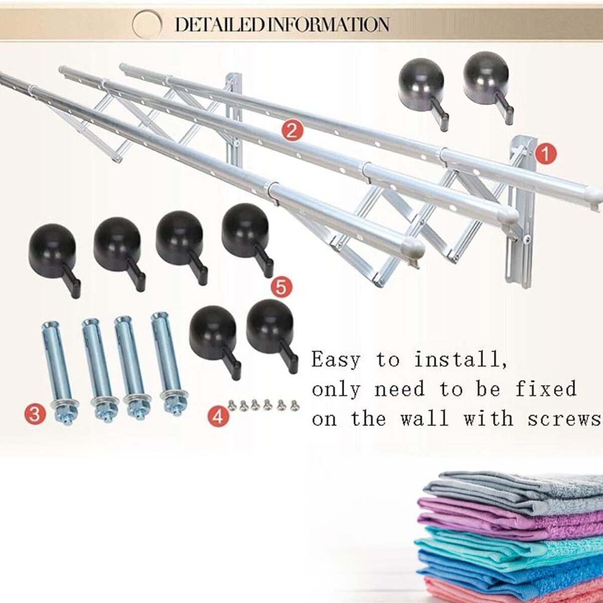 Clothes Rail Rack Clothes Drying Racks, Airer Clothes Drying Rack Wall Mounted Clotheshorse Clothes Airer Washing Cloth Line Extendable Fold Towel Rack Bar for Bathroom Indoor Outdoor - Image 8