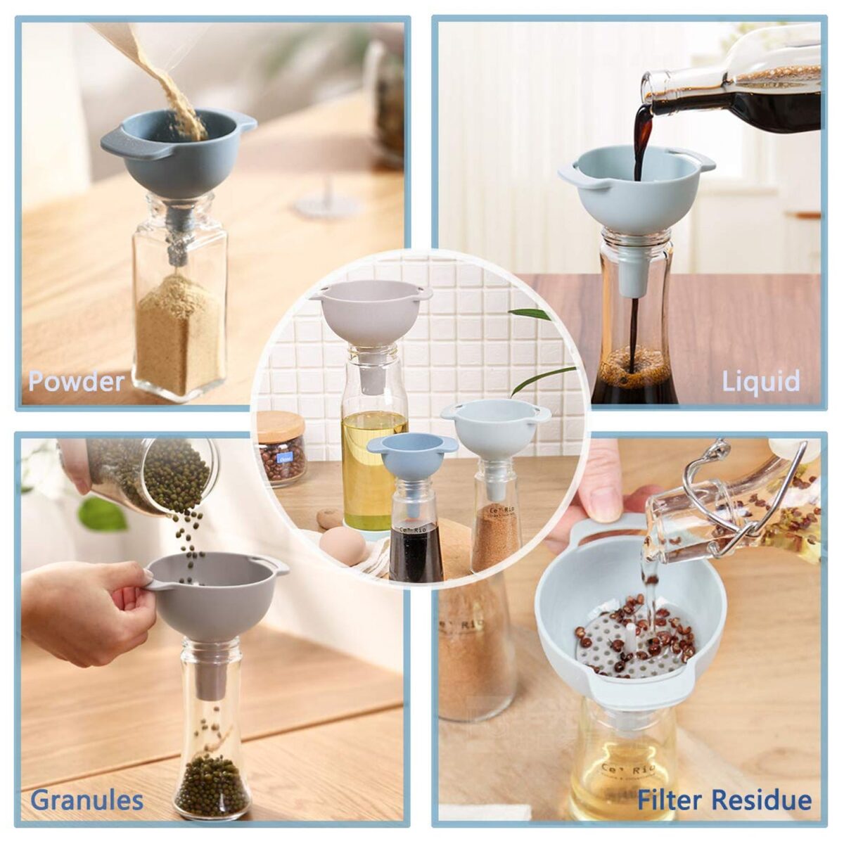3 in 1 Kitchen Funnel Set of 3, Funnel for Filling Bottle, Small Canning Funnel with Handle, Food Grade Plastic Funnel with Detachable Strainer Filter for Liquid, Dry Ingredients, and Powder - Image 6