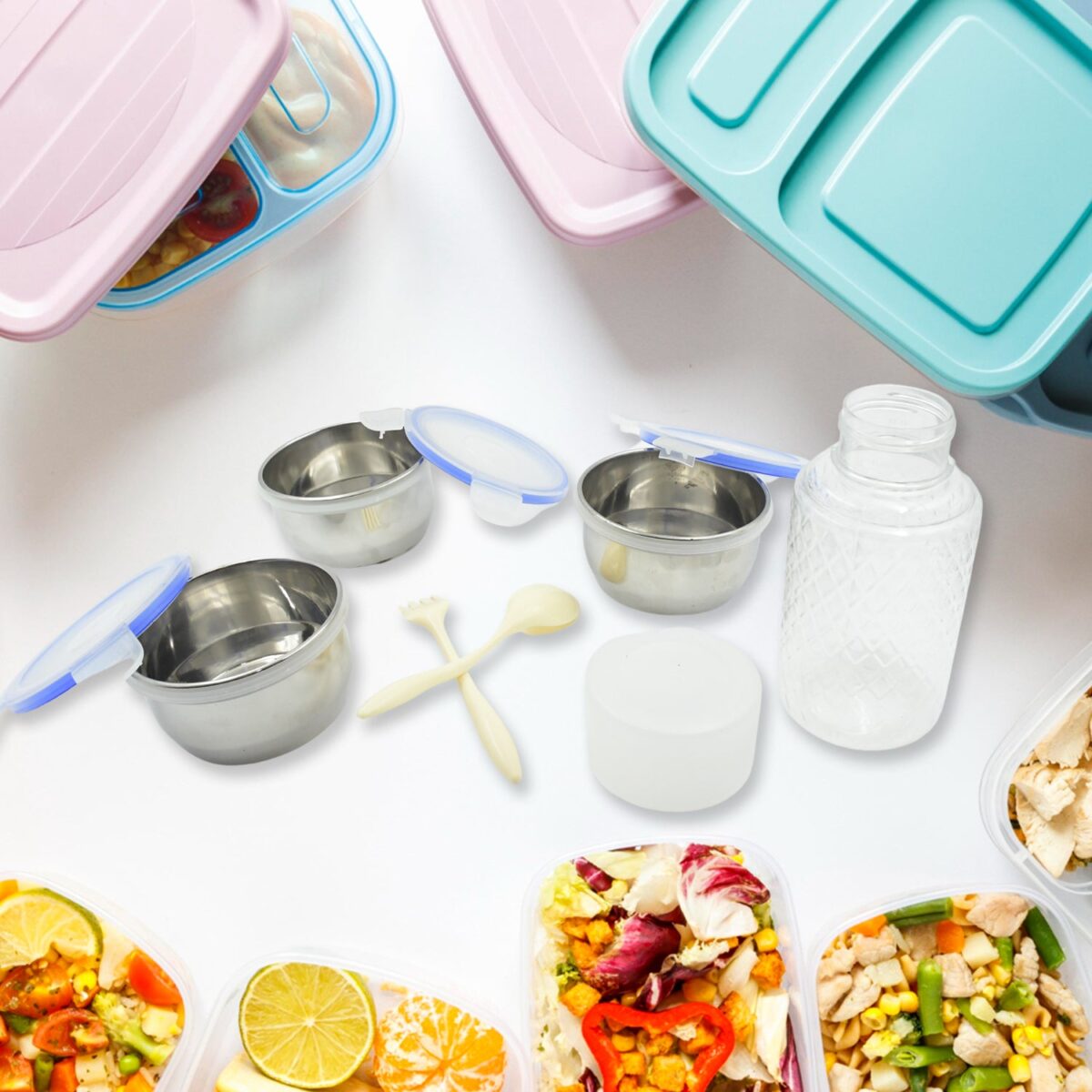 6In1 Tiffin Box-Lunch Box | 3 Stainless Steel Containers | Plastic lid Box | Spoon & Fork /Plastic Bottle | Insulated Fabric Bag | Leak Proof | Microwave Safe  for Office, College and School for Men, Women (6 pcs) - Image 3