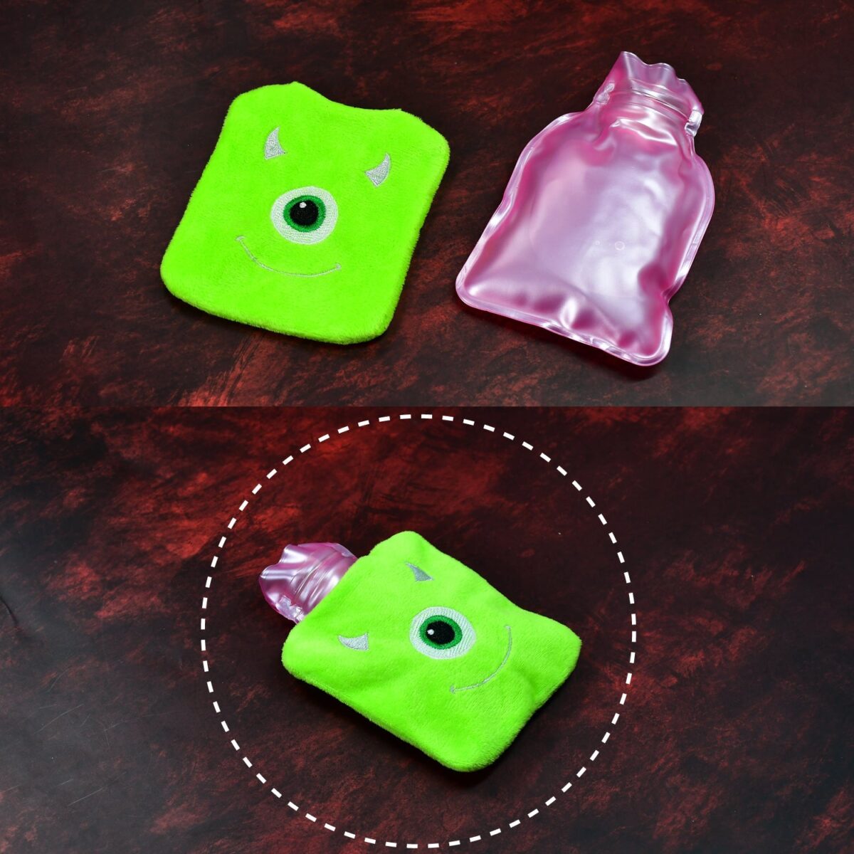 Green One-Eyed Monster Print Small Hot Water Bag with Cover for Pain Relief - Image 3