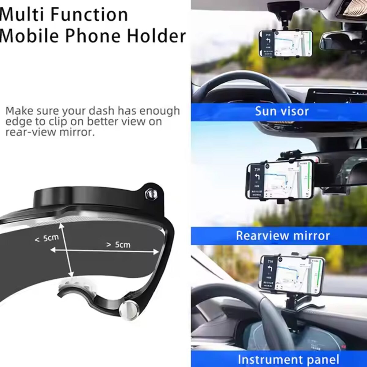 Car Phone Holder Clip Mount 360 Degree Rotation Dashboard Rear View Mirror Sun Visor Smartphone HUD Navigation Fold Stand Plastic Black Compatible For All Smart Phones - Image 8
