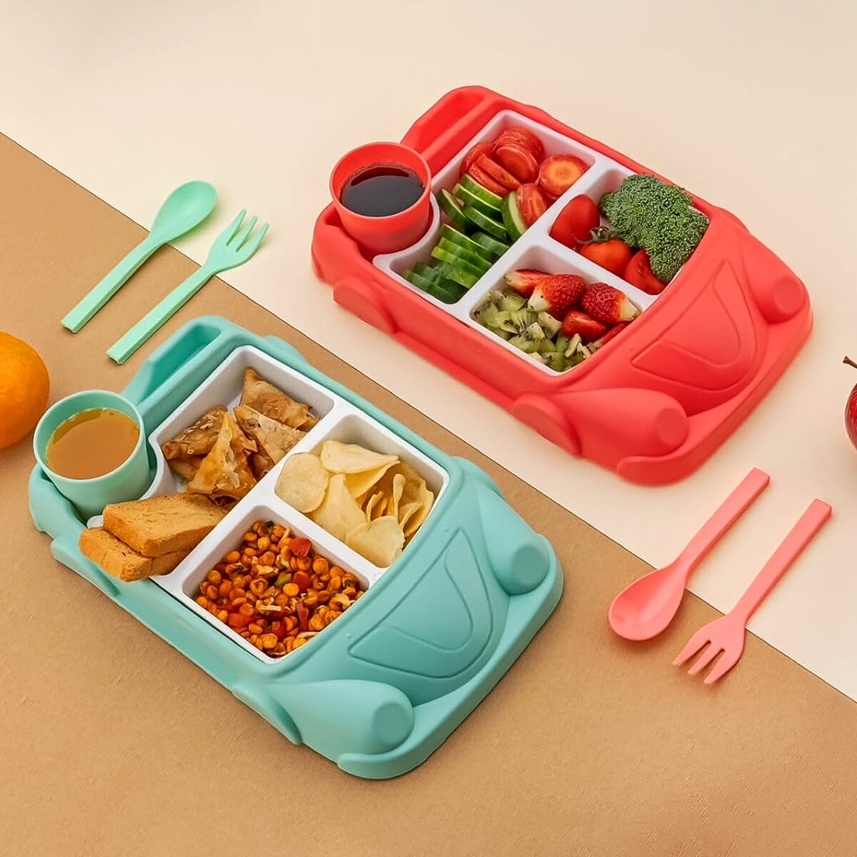 Kid's Car Shaped Plates Cup / Lunch Box Dinnerware Set (4 Pcs Set / 1000 ML Lunch Box) - Image 9
