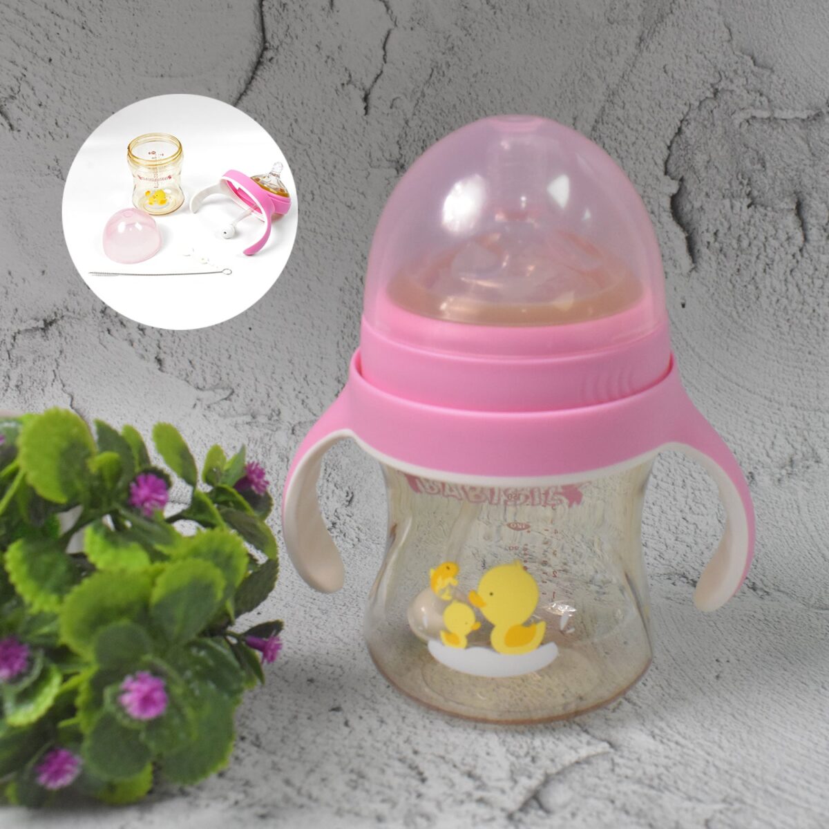 Plastic Baby Feeding Bottle with Handles, Cleaning brush & Straw (240 ML / 1 Pc) - Image 3