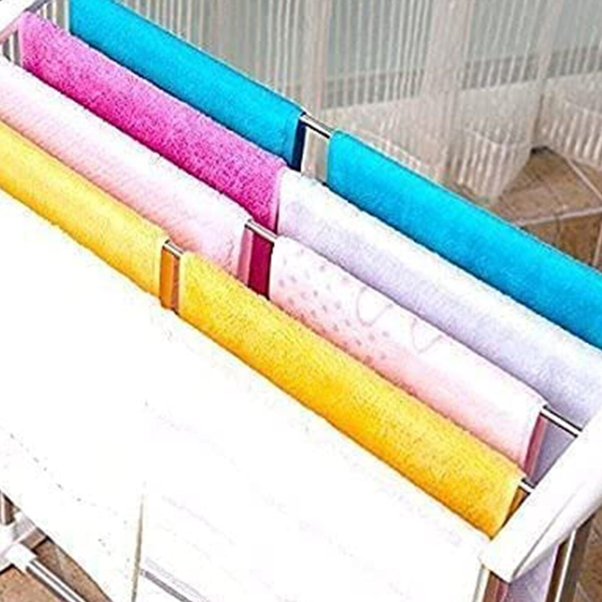 Multi-Functional Single Tier Mobile Towel Foldable Rack for Cloth and Towel / Stainless Steel and Plastic Made Mobile Towel and Cloth Rack Holder Indoor / Outdoor Standing Movable Cloth Dryer Rack, Balcony Cloth Drying Stand - Image 4