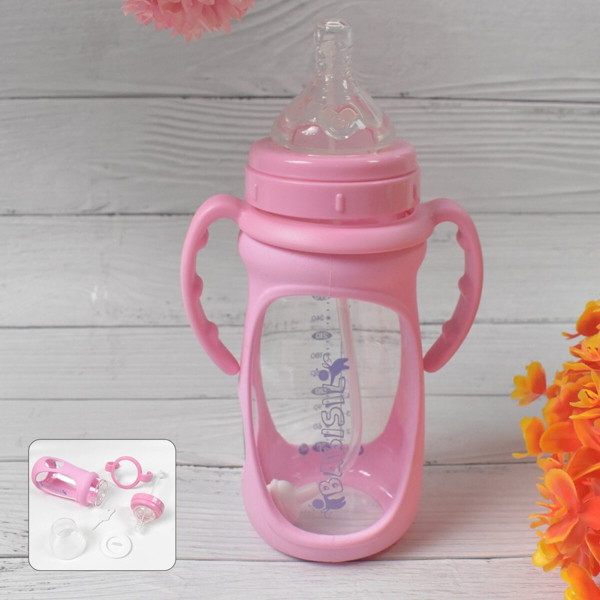 Baby Feeding Bottle with Handles & Straw (Mix Design, Size & Color / 1 Pc) - Image 1