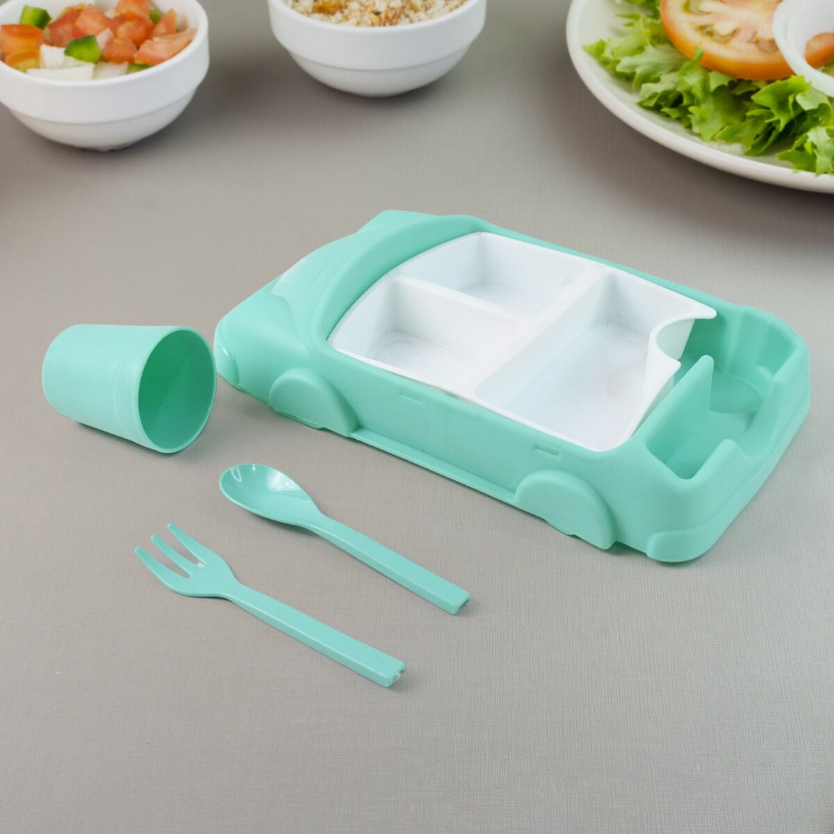 Kid's Car Shaped Plates Cup / Lunch Box Dinnerware Set (4 Pcs Set / 1000 ML Lunch Box) - Image 1