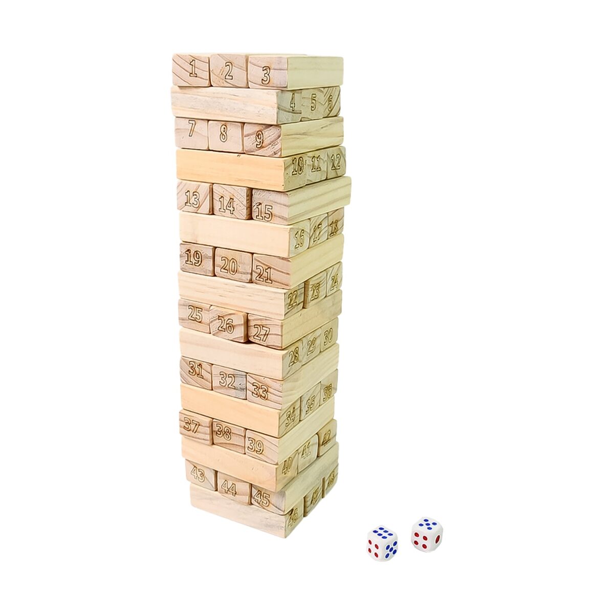 Wooden Tumbling Stacking Tower Game, Zenga tower (48 Pcs Blocks 2 Dices) - Image 1