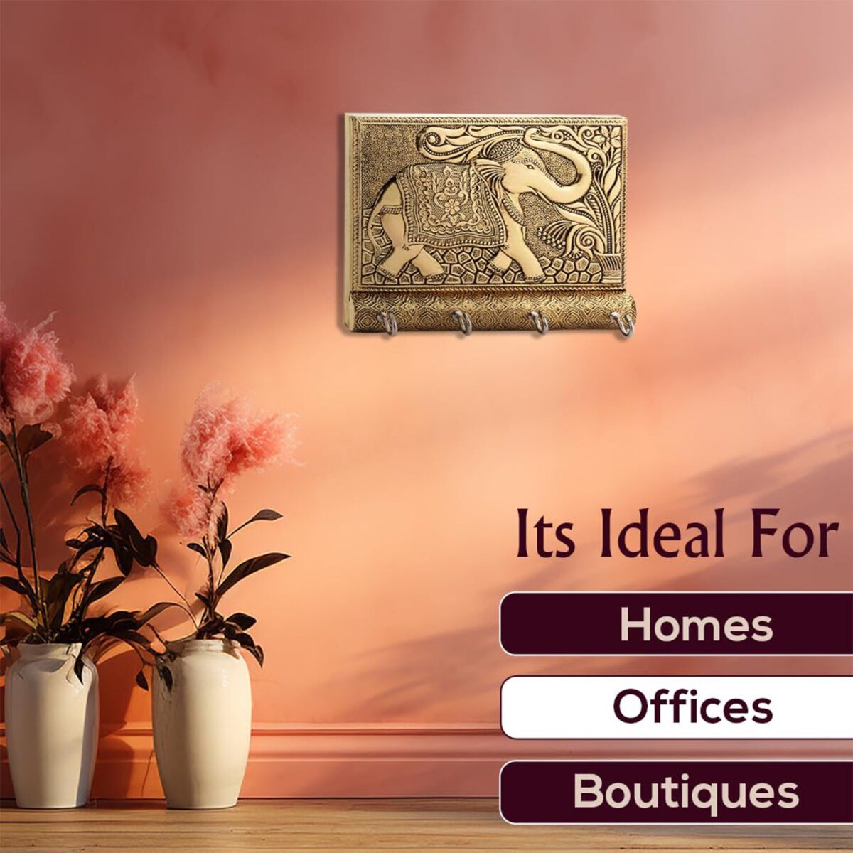 Wooden Key Holder for Home Decor Stylish Metal Gold Antique Elephant Design (1 Pc) - Image 5