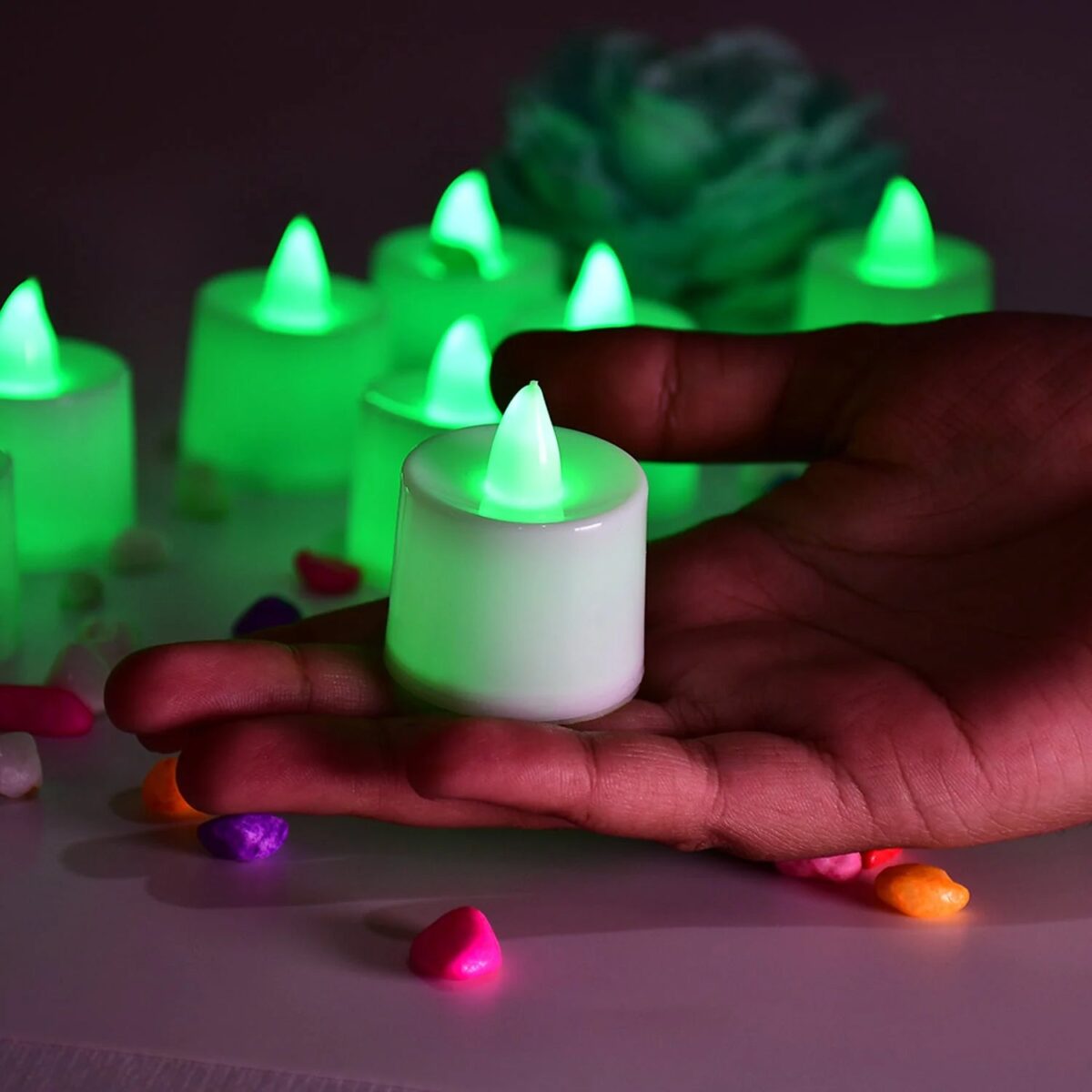 GREEN FLAMELESS LED TEALIGHTS, SMOKELESS PLASTIC DECORATIVE CANDLES - LED TEA LIGHT CANDLE FOR HOME DECORATION (PACK OF 8) - Image 6