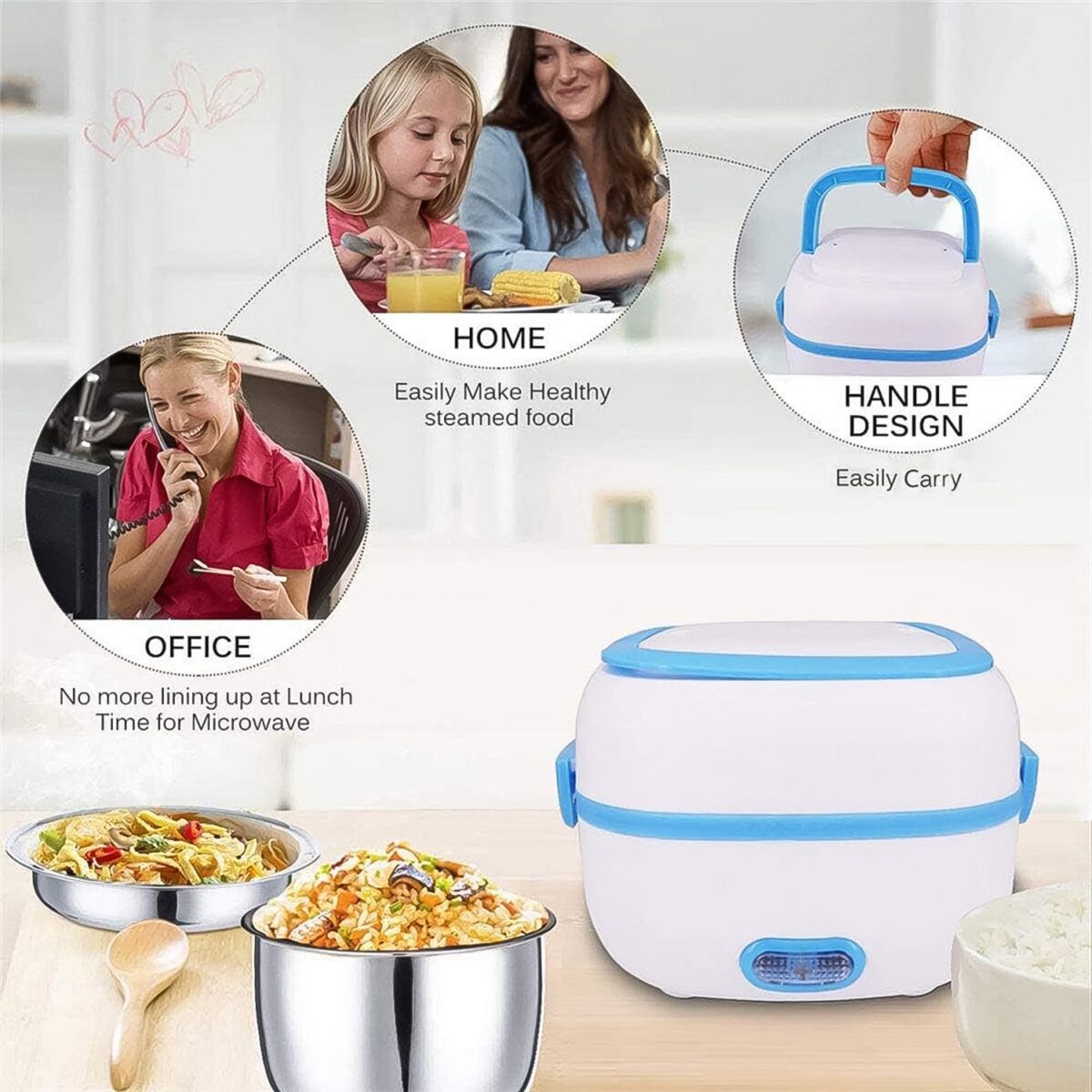 Electric Lunch Box, 3 In 1 Food Heater / Cooker / Steamer with Stainless Steel Bowls (1 Set) - Image 3