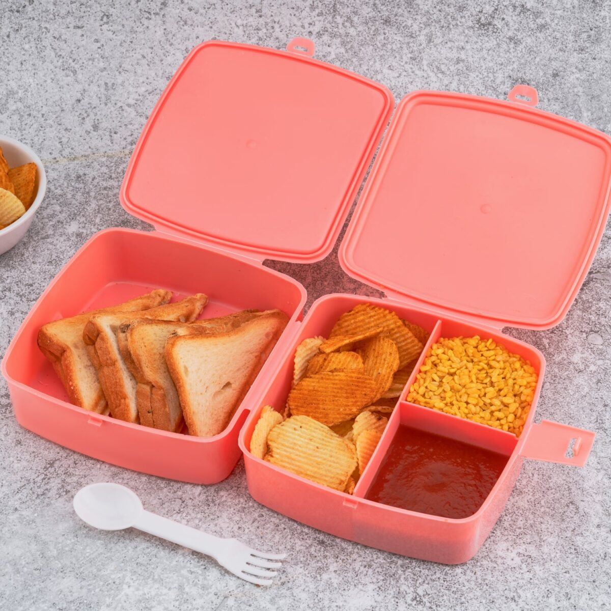 Double-Layer Square Lunch Box with  Spoon , 4 Compartment Tiffin & Push Lock , Plastic Tiffin Box for Travelling, School Kids & Office Exclusive, Home - Image 5
