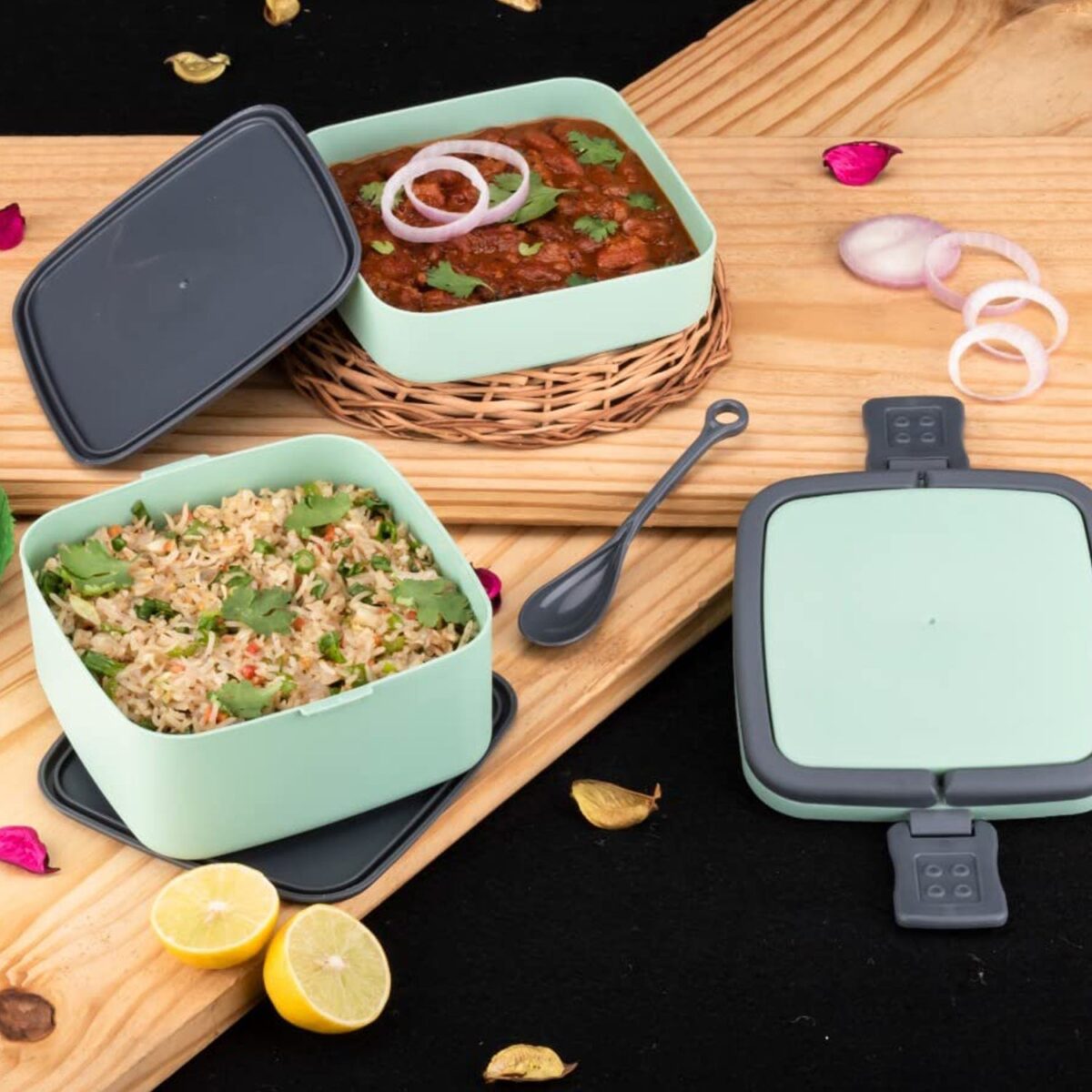 GREEN DOUBLE-LAYER PORTABLE LUNCH BOX STACKABLE WITH CARRYING HANDLE AND SPOON LUNCH BOX , Bento Lunch Box - Image 3