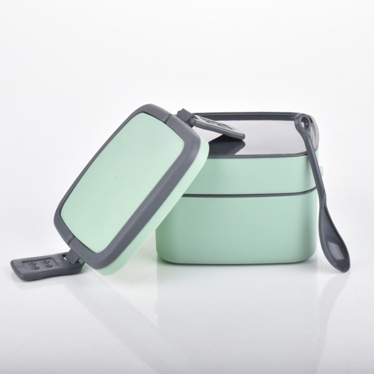 GREEN DOUBLE-LAYER PORTABLE LUNCH BOX STACKABLE WITH CARRYING HANDLE AND SPOON LUNCH BOX , Bento Lunch Box - Image 10