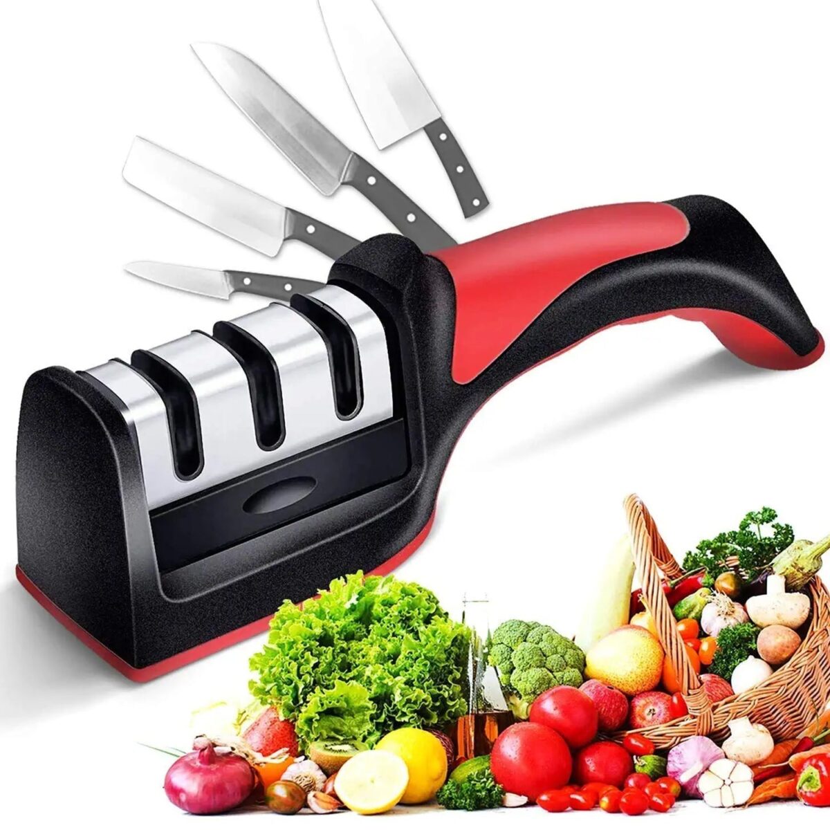 Manual Red Knife Sharpener 3 Stage Sharpening Tool for Ceramic Knife and Steel Knives. - Image 1