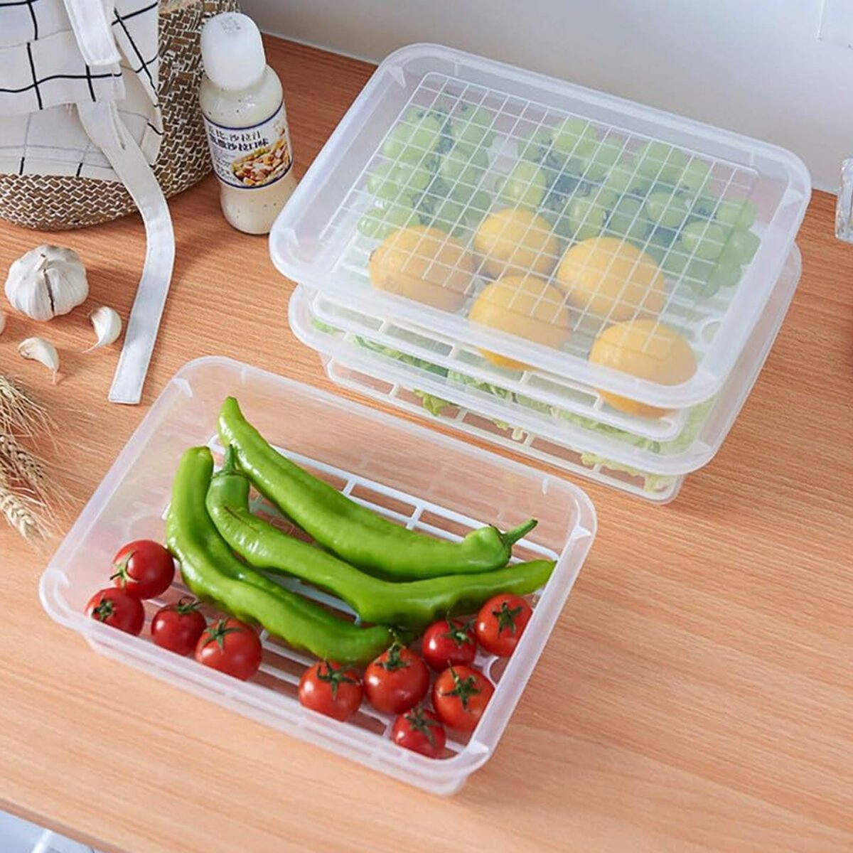 Plastic Food Storage Containers with Removable Drain Tray and Lid (3 Pcs Set) - Image 3