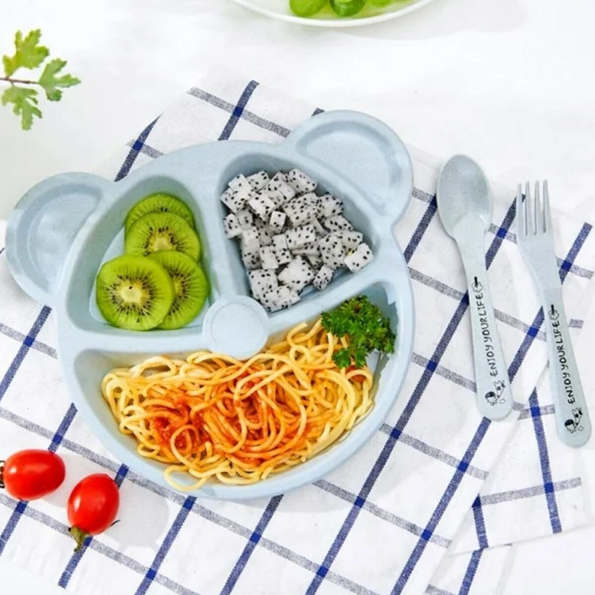 Kids 3 Compartment Food Tray / Plates With Spoon & Fork (1 Set) - Image 6