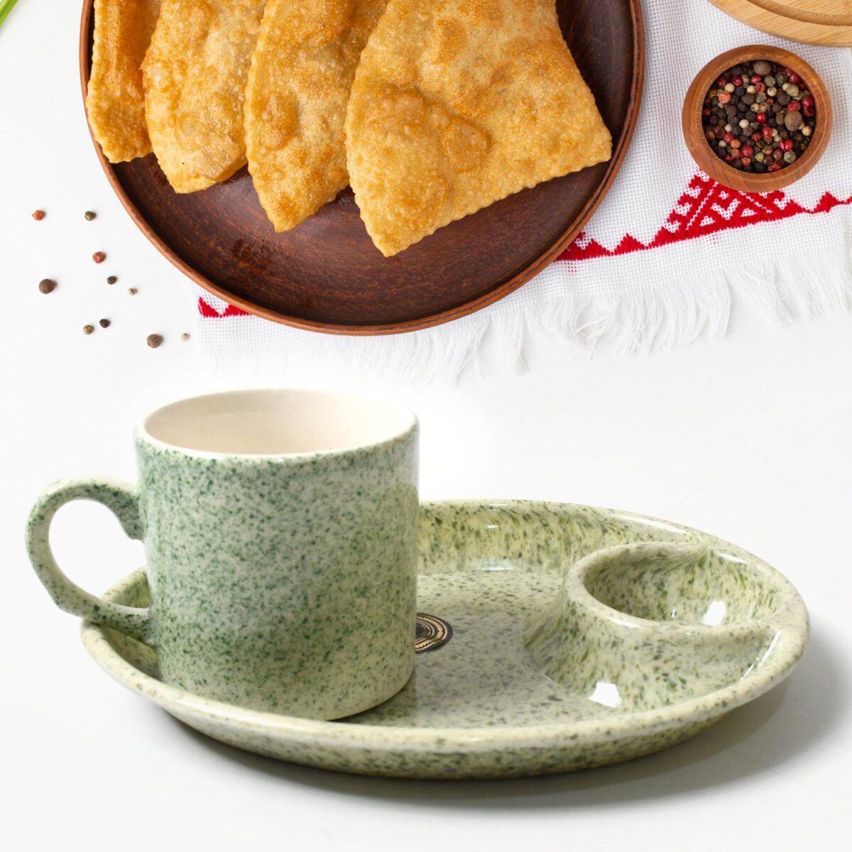 Ceramic Tea/Coffee Cup Set - Alpino 3-Piece with 2-Compartment Serving Platter (BPA-Free) - Image 7