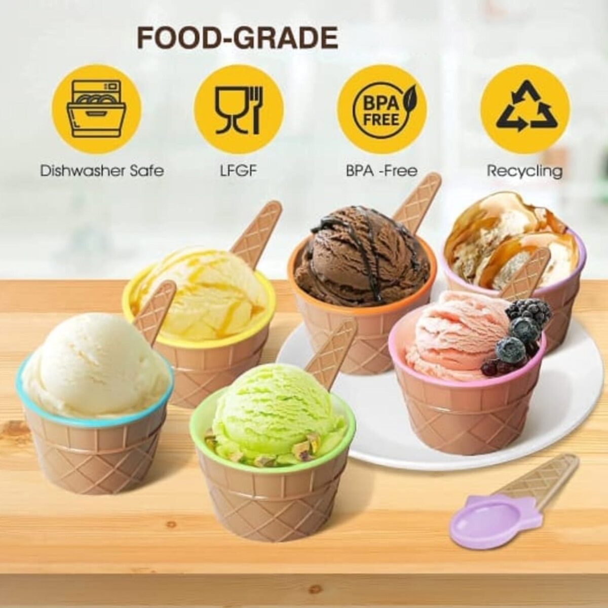 Premium Ice Cream Waffle Spoon Bowl Set (6-Piece , Color Box) - Image 6
