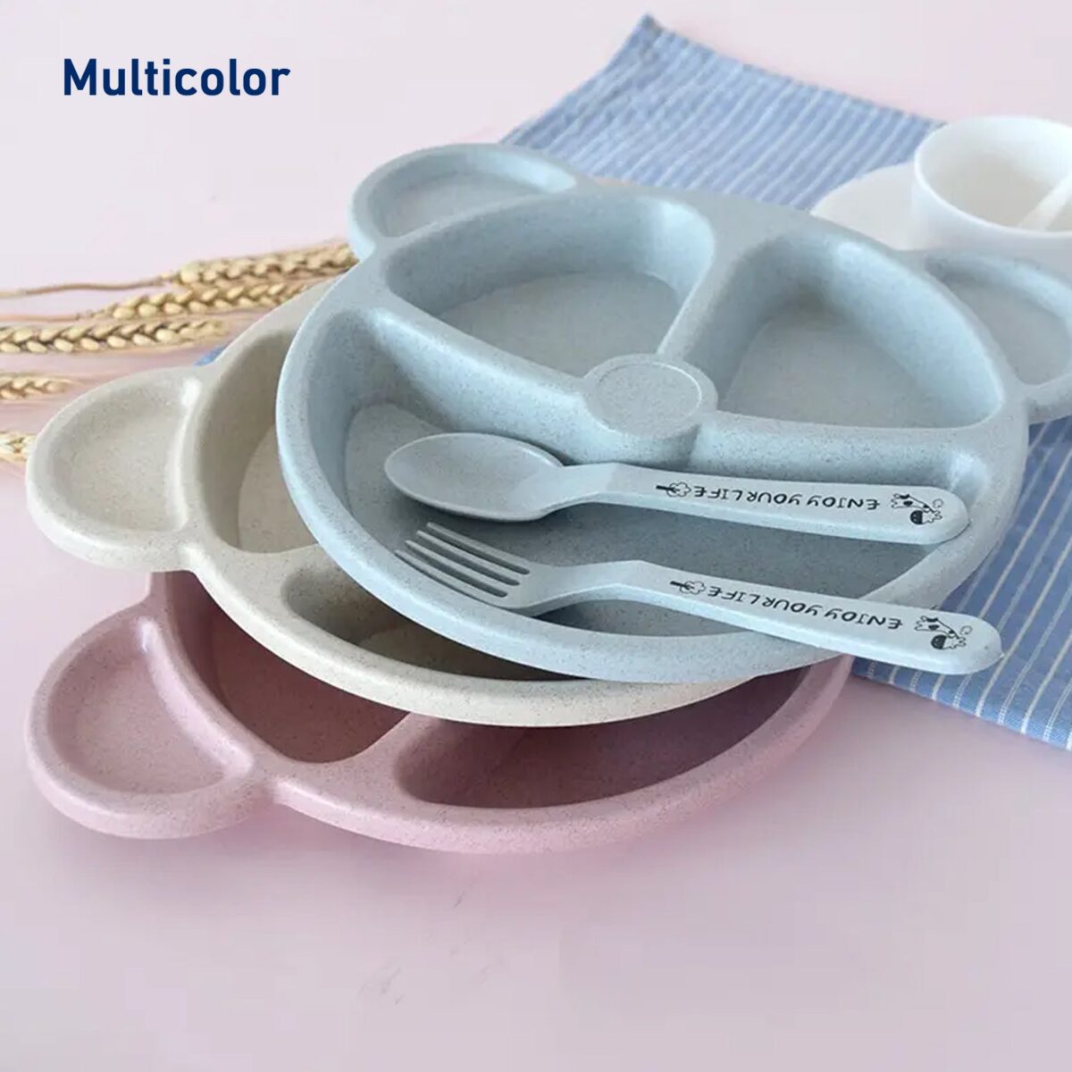 Kids 3 Compartment Food Tray / Plates With Spoon & Fork (1 Set) - Image 7