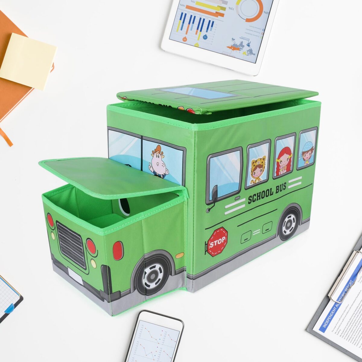 Foldable Bus Shape Toy Box Storage with Lid for Storage of Toys Basket Useful as Toy Organizer mountable Racks Surface Multipurpose Basket for Kids Wardrobe Cabinet Wood with Cloth Cover For Home Decor Books, Game, Baby Cloth (Mix Color & Design ) - Image 1