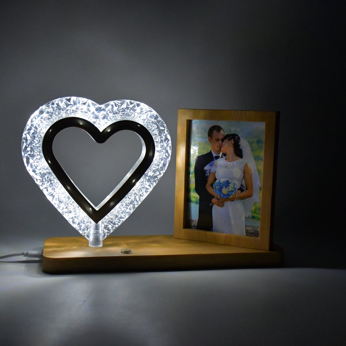 Heart Shape Cystal Led Lamp & Photo Frame Night Lamp | Wedding Gift | love couple - Image 1
