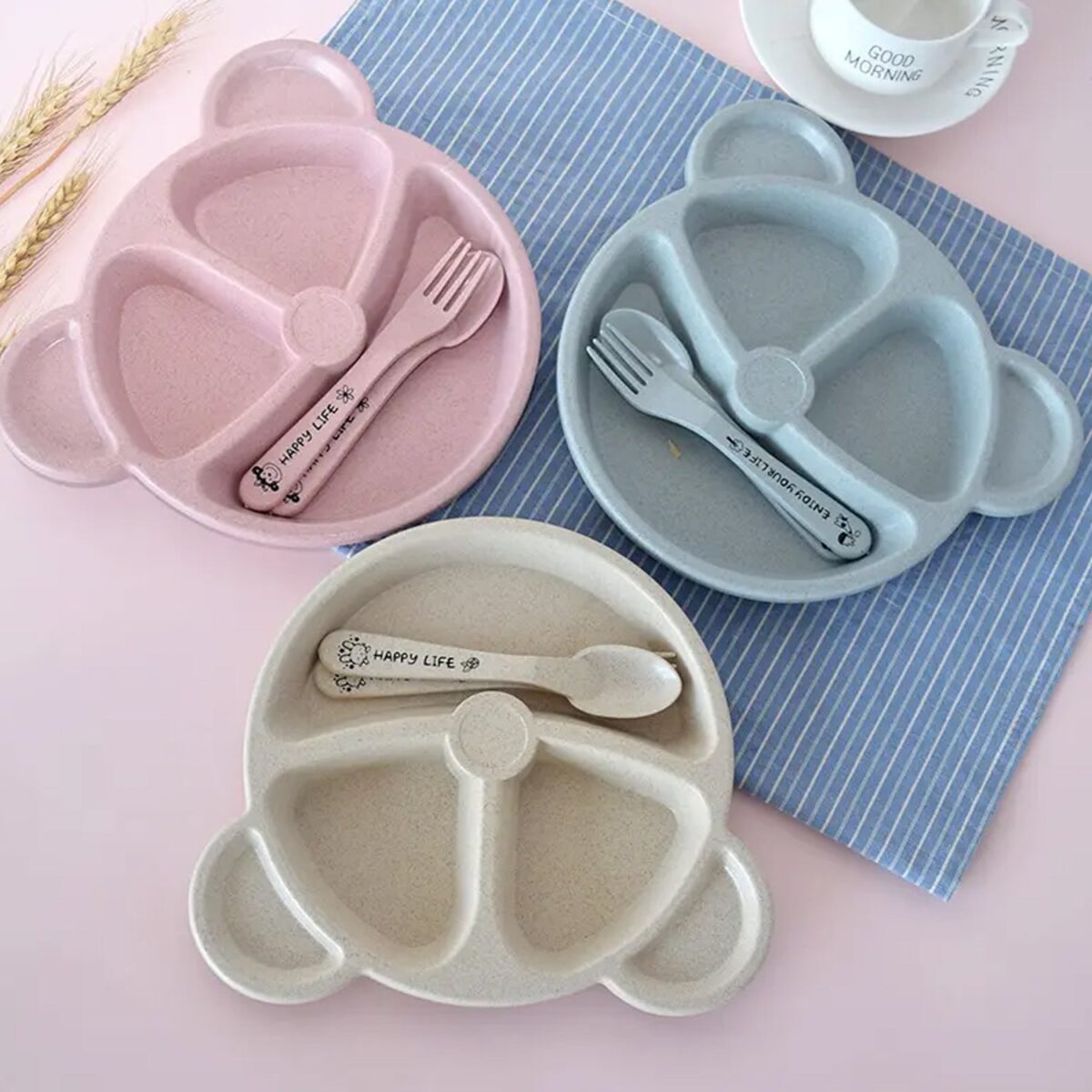 Kids 3 Compartment Food Tray / Plates With Spoon & Fork (1 Set) - Image 8