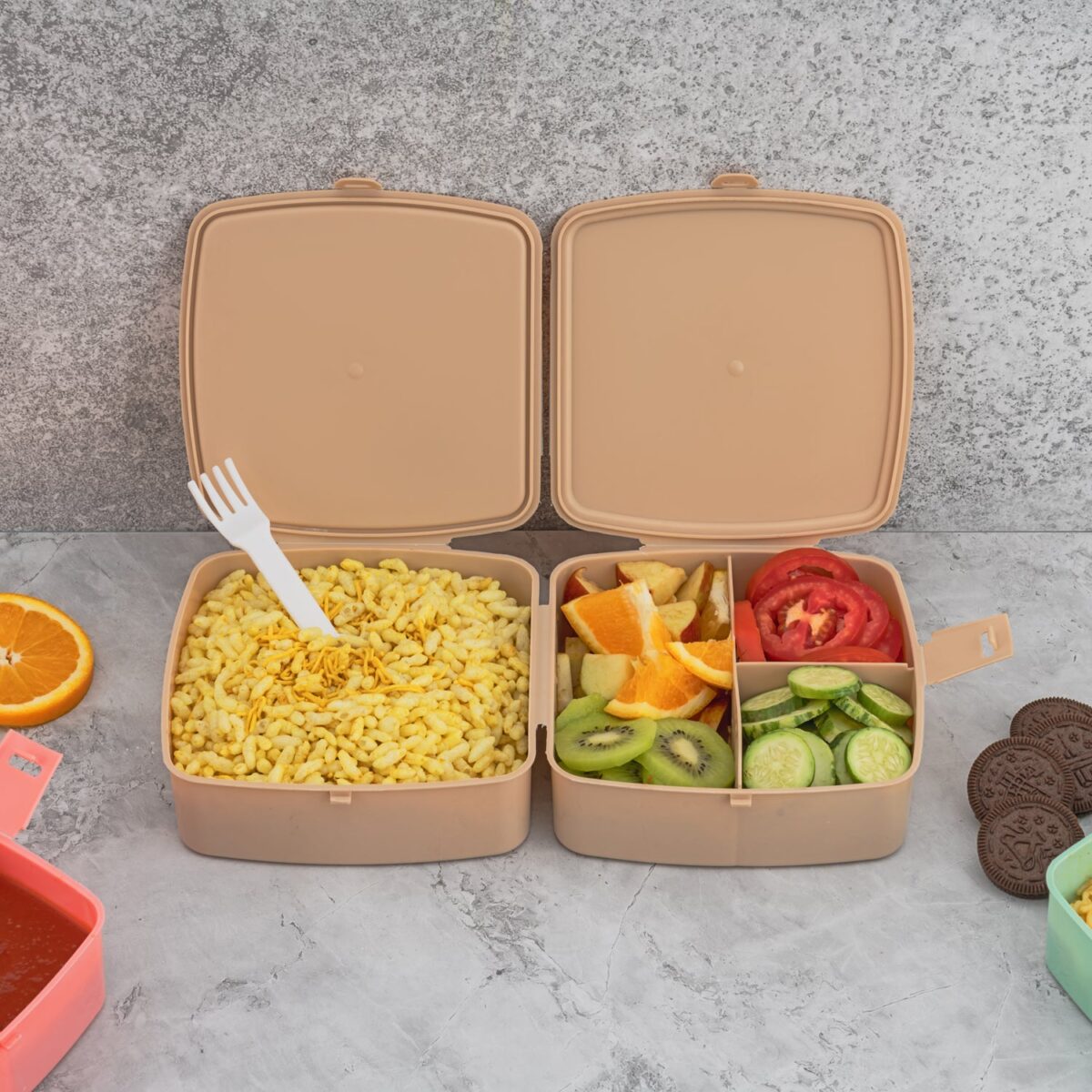 Double-Layer Square Lunch Box with  Spoon , 4 Compartment Tiffin & Push Lock , Plastic Tiffin Box for Travelling, School Kids & Office Exclusive, Home - Image 7