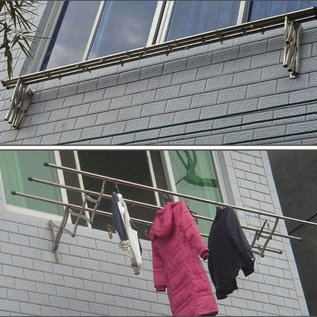 Clothes Rail Rack Clothes Drying Racks, Airer Clothes Drying Rack Wall Mounted Clotheshorse Clothes Airer Washing Cloth Line Extendable Fold Towel Rack Bar for Bathroom Indoor Outdoor - Image 2