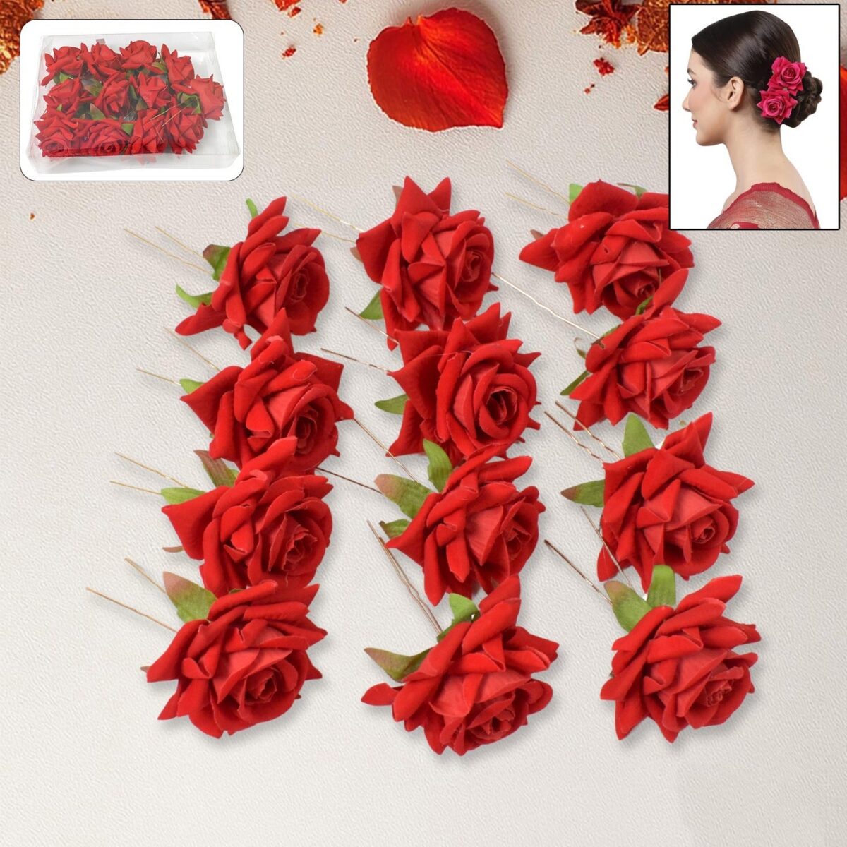 Hair Clip Red Rose Bridal Hair Pins Rose (12 Pcs Set / Red Color Only), Hair accessories - Image 1