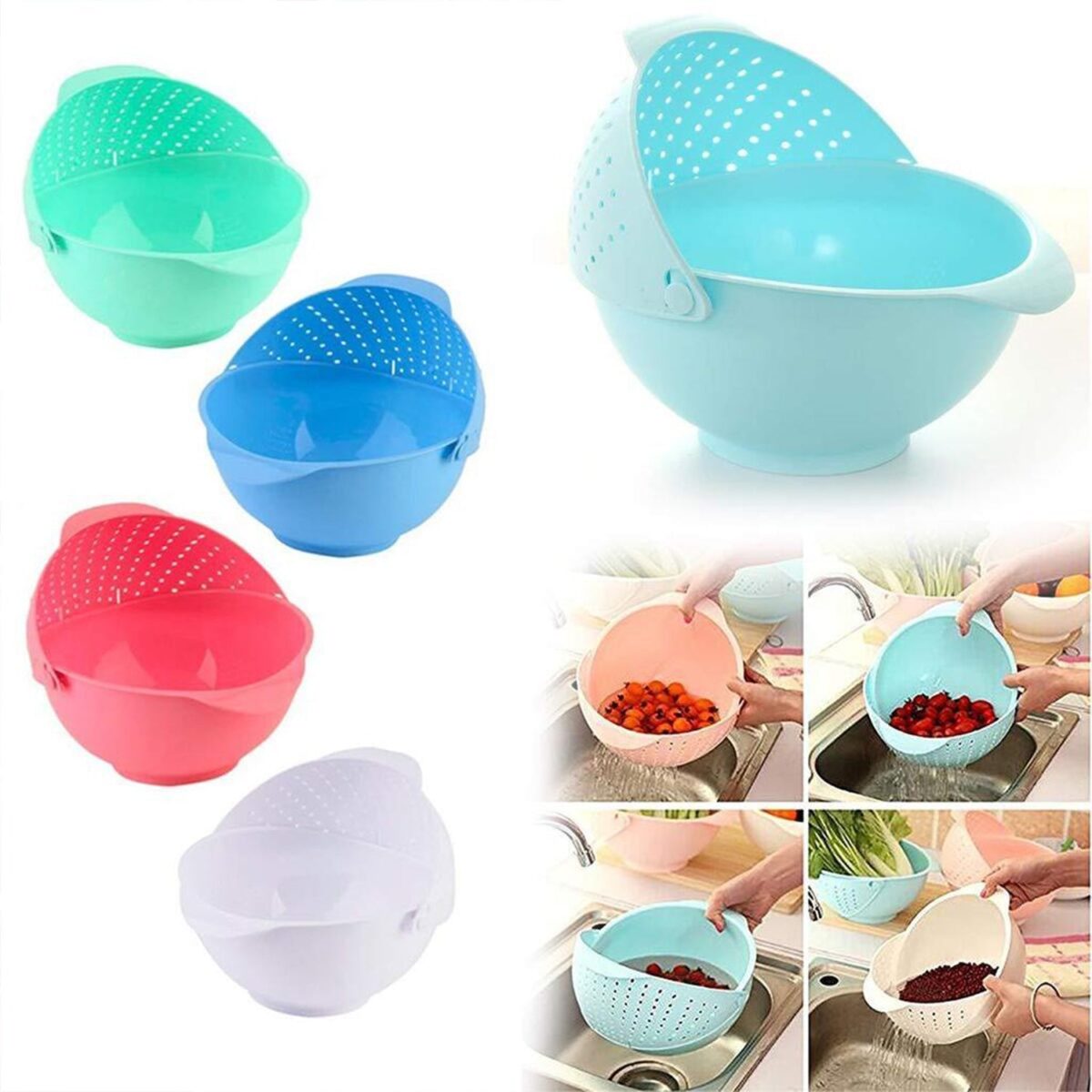Plastic Revolving Multi Functional Rice, Vegetable Fruit Wash Basket Bowl (Multi Colour) - Image 6