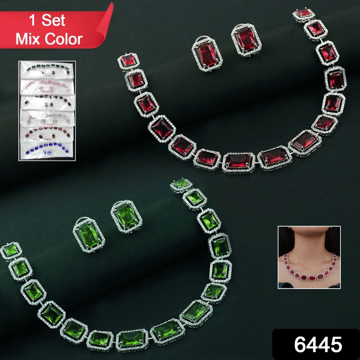 Diamond Necklace and Earrings Set (1 Set / Mix Color) - Image 2